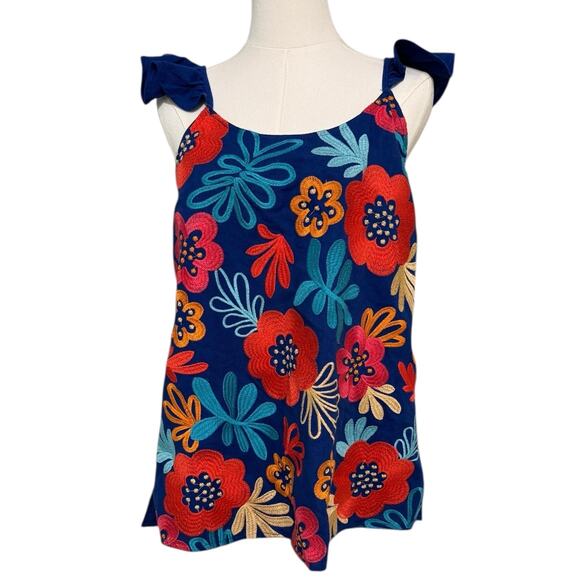 Andree by Unit Large Blue Floral Heavy Embroidery Boho Tank Spring Summer - Picture 1 of 7